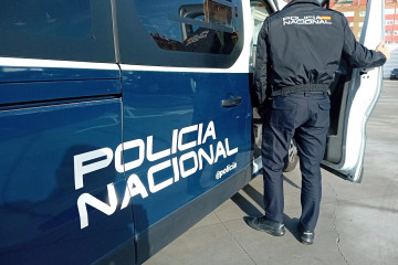 Un agente y un coche de la Policía Nacional.