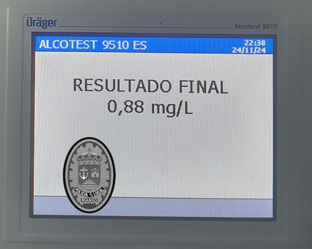 Resultado prueba alcoholemia realizada por la Policía Local de Rianxo a un conductor.