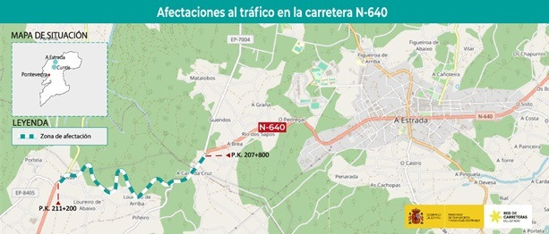 Transportes cortará al tráfico este lunes un carril de la N-640 por obras de reparación del firme en A Estrada y Cuntis .