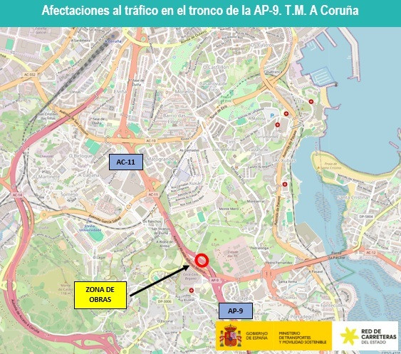 Cortan al tráfico un carril del tronco de la AP-9 por obras de remodelación de la Avenida Alfonso Molina de A Coruña.