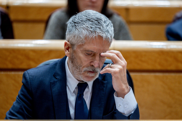 El ministro del Interior, Fernando Grande-Marlaska, durante una sesión de control al Gobierno, en el Senado, a 17 de diciembre de 2024, en Madrid (España). El Gobierno se enfrenta a una nueva Sesión de Control en la cámara del Senado donde responderá a la