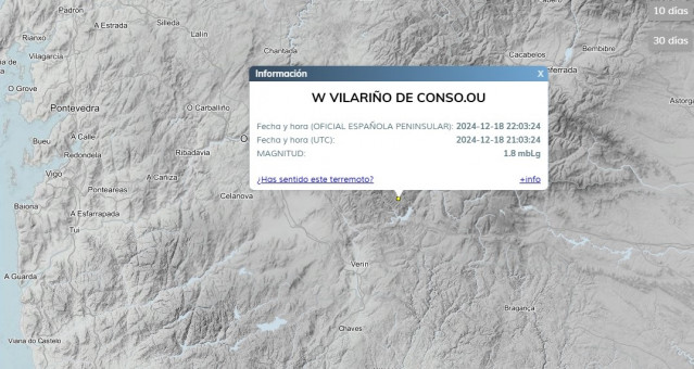 Terremoto leve registrado el 18 de diciembre de 2024 en Vilariño de Conso (Ourense), por el Instituto Geográfico Nacional.