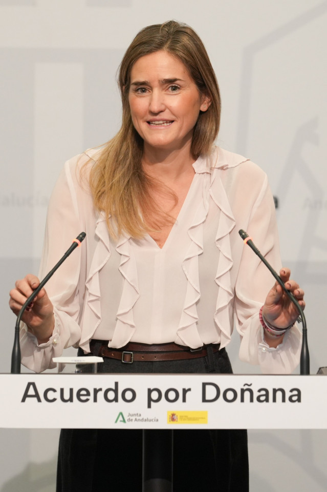 La vicepresidenta y ministra para la Transición Ecológica y el Reto Demográfico, Sara Aagesen durante la rueda de prensa posterior a la reunión mantenida el día de hoy. A 21 de diciembre de 2024 en Sevilla, Andalucía (España). El presidente de la Junta de