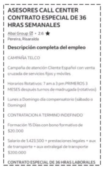 Oferta de trabajo para cliente espau00f1ol en Abai Colombia en una imagen difundida por CGT