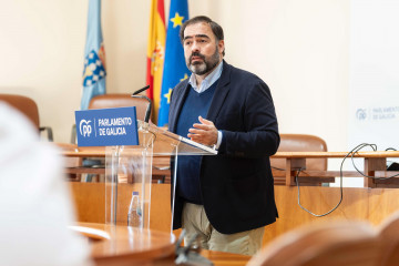 El portavoz del parlamentario del PPdeG, Alberto Pazos Couñago, en una rueda de prensa en el Parlamento.