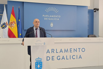 El diputado de Democracia Ourensana, Armando Ojea, en rueda de prensa en el Parlamento de Galicia