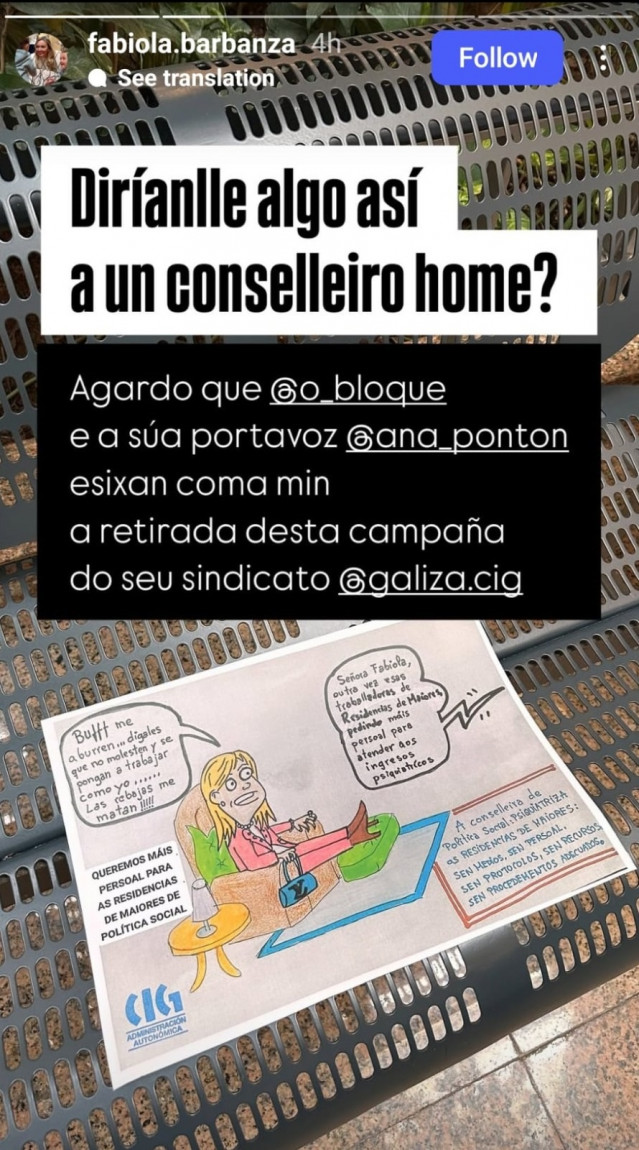 Cartel de la CIG sobre la conselleira de Política Social, Fabiola García, y su petición de retirada.