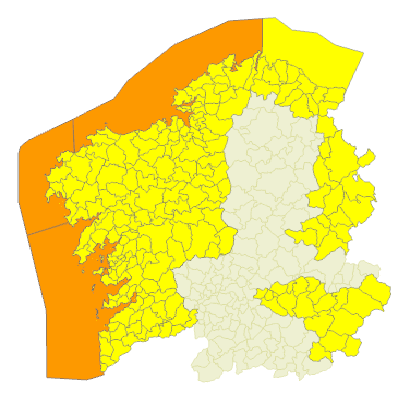 La costa de A Coruña y Pontevedra amanecerá el viernes en alerta naranja y nivel amarillo en casi toda Galicia