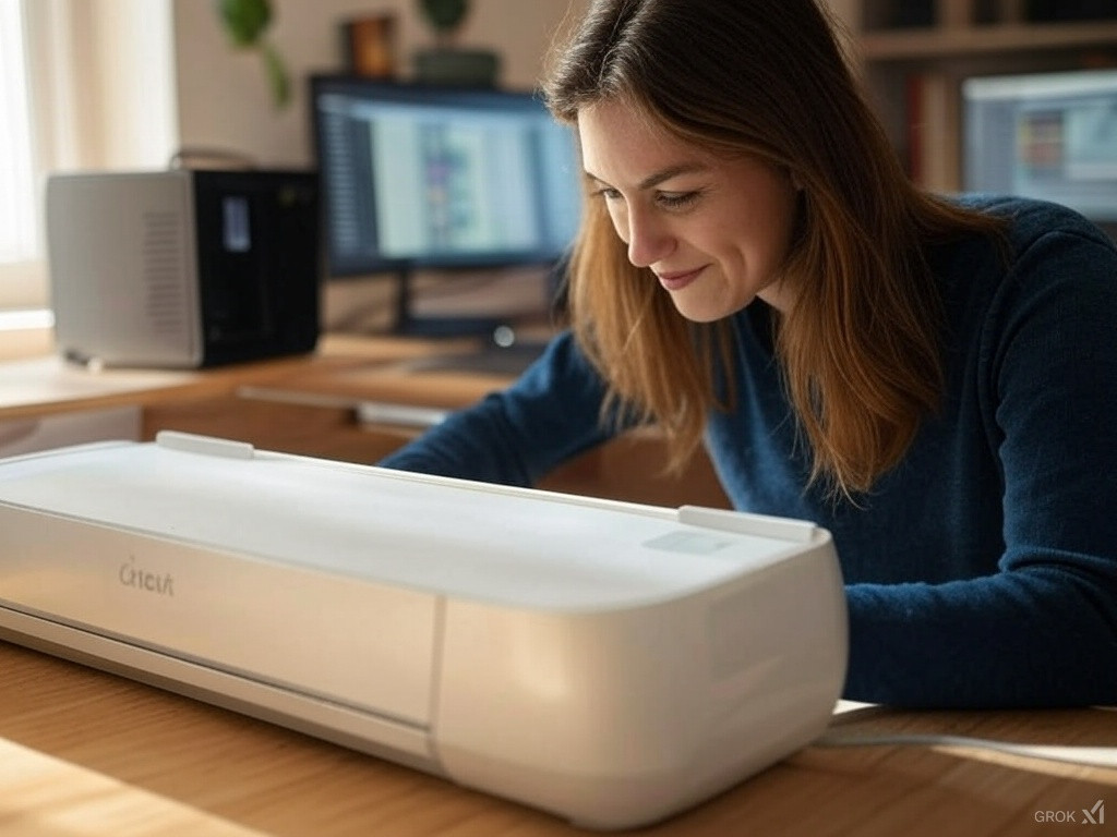 Una  mujer usando Cricut en una imagen generada por IA Grok