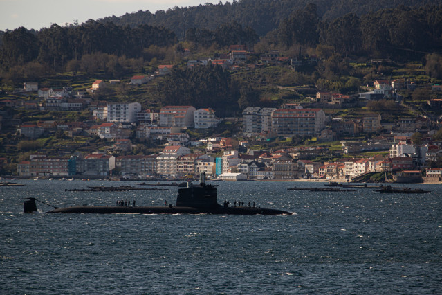 El submarino 'Isaac Peral' de la Armada recala en la Escuela Naval de Marín (Pontevedra). A 13 de marzo de 2025. Marín (Pontevedra).