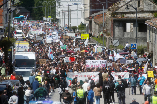 Archivo - Cientos de personas protestan durante una manifestación contra la empresa de celulosa Altri, a 26 de mayo de 2024, en Palas de Rei, Lugo, Galicia (España). El movimiento vecinal y ecologista que se opone a la construcción de la fábrica portugues